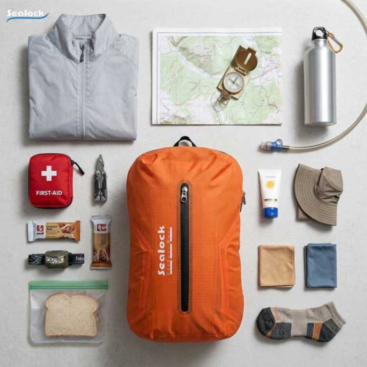Sealock 25L waterproof backpack with a day hike's contents laid out