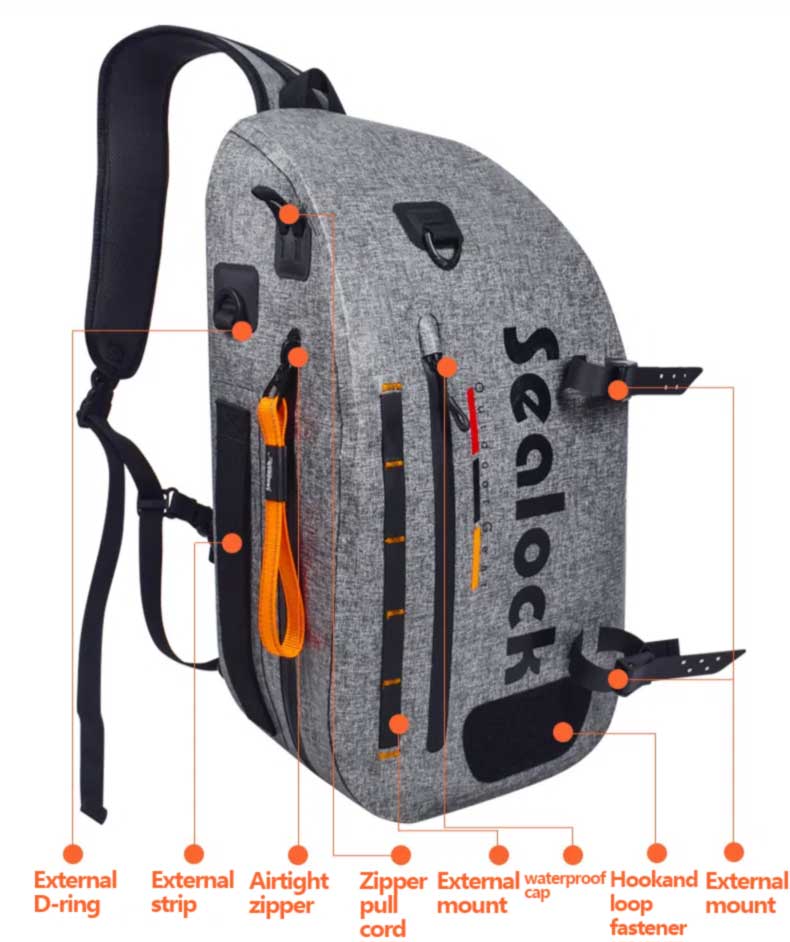 external lash straps D-rings and patch panel on fishing sling bag