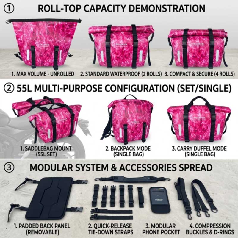 Roll-top volume adjustment keeping strap points fixed, and the three-way tail bag converting between bike-mounted, backpack and hand carry