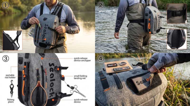 Swing-round sling access, waist belt locking the bag while wading, ladder lash straps carrying a rod holder and net, and a hook-and-loop patch panel