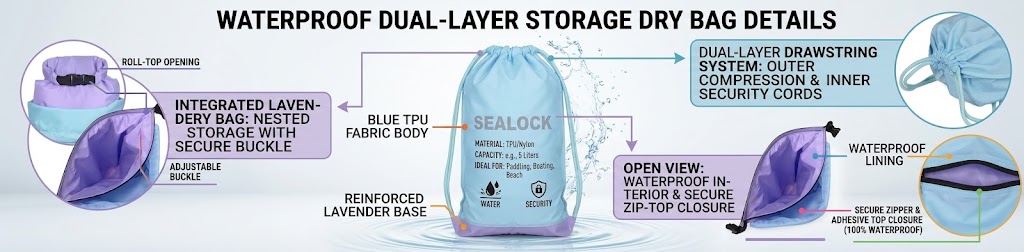 Waterproof dry bag double-layer rope pocket storage detail
