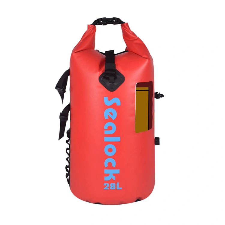 Waterproof Backpack para sa Kayaking 28 Liter na Pula na may Bintana ng Telepono